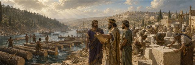 Solomon and Hiram’s envoys overseeing cedar rafts and temple stones